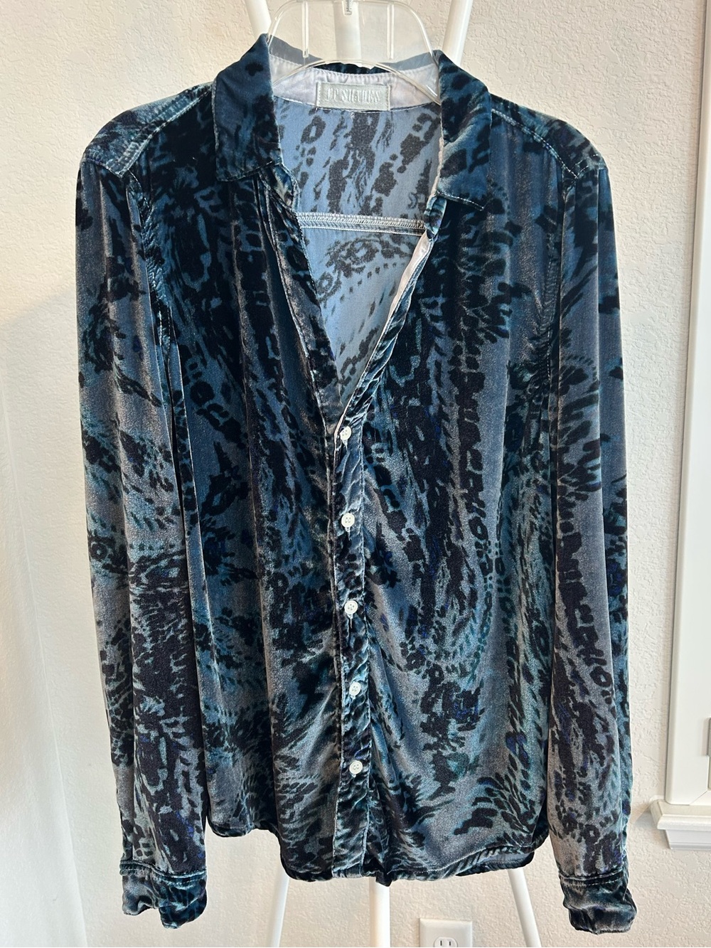CP Shades Blue Gray Velvet Burnout Button-Down Blouse, XS